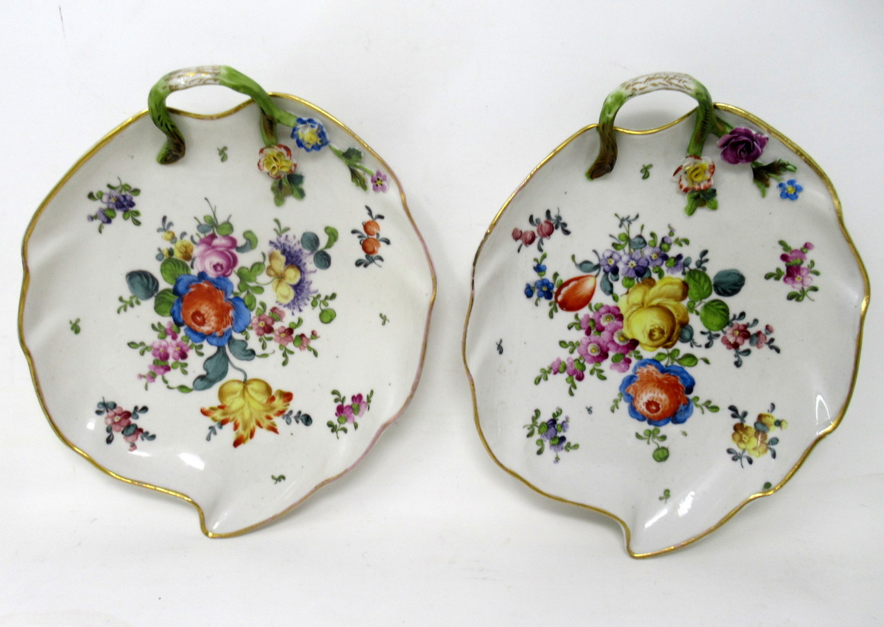 066 Antique Pair German Dresden Meissen Still Life Flowers Cabinet Leaf Form Plates