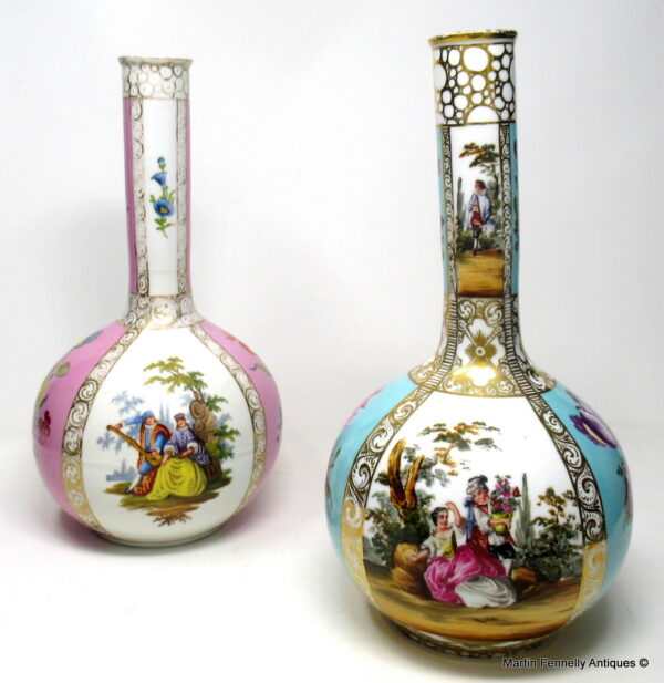 277 Pair of Dresden Hand Painted Vases Classical Floral Scenes 19thCt
