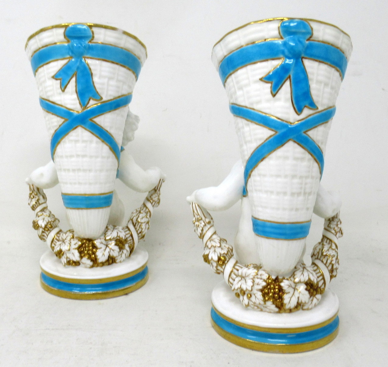 814 Sold Antique Pair Minton Staffordshire Porcelain Vases Centerpieces Cherub Turquoise - Image 4