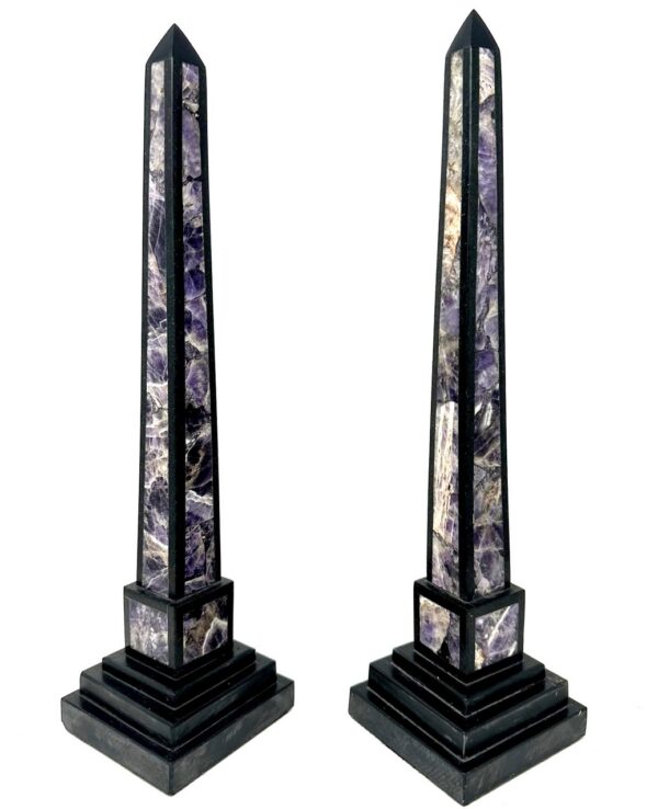 679 Sold Antique Pair Italian Grand Tour Amethyst Blue John Marble Neoclassical Obelisks Columns