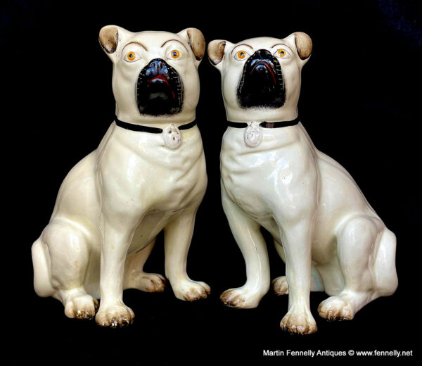 233 Sold Large Pair Of Victorian Staffordshire Porcelain Pugs Dogs C.1880
