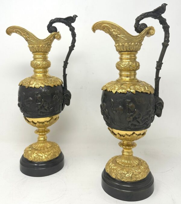711 Sold Antique Pair French Bronze Ormolu Ewers Vases Manner of Claude Michel Clodion