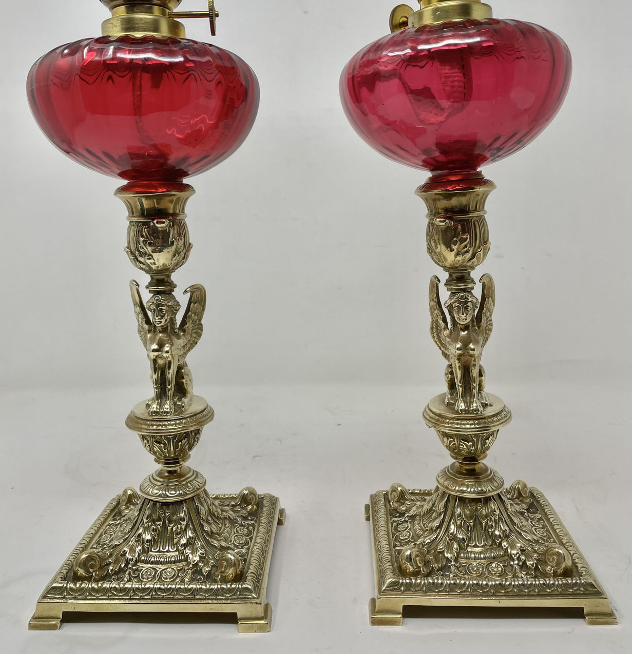 153 Sold Pair Antique Grand Tour French Brass Egyptian Sphinx Oil Lamps Cranberry Glass - Image 6