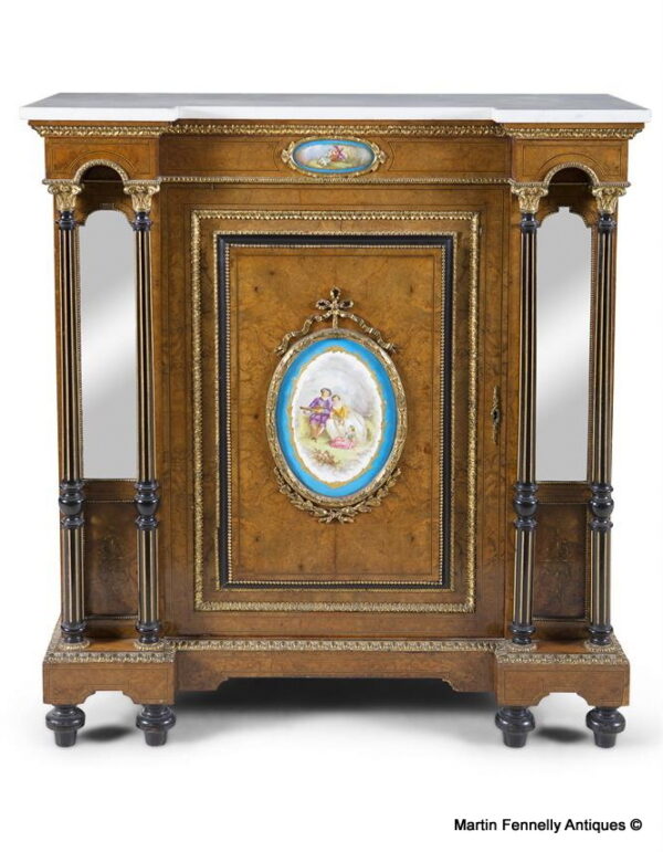 720 Superb French Walnut Side Cabinet with Marble top and Porcelain Plaques
