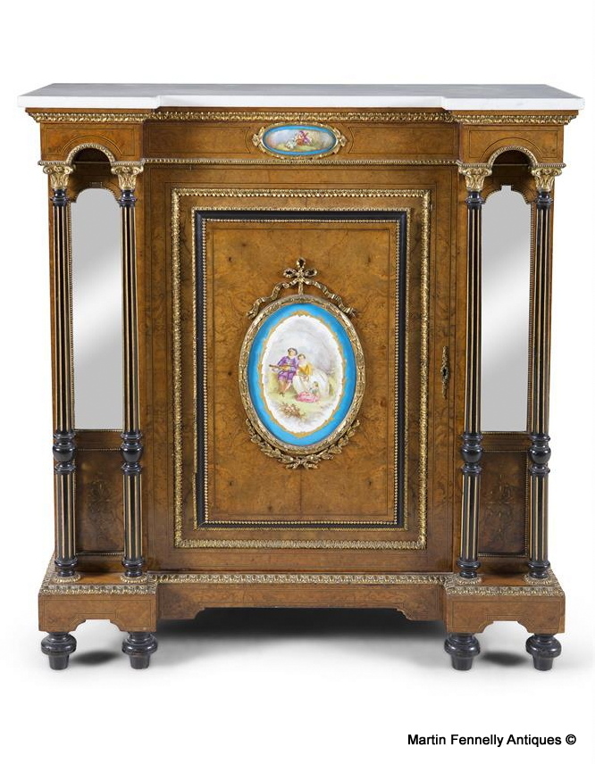 720 Superb French Walnut Side Cabinet with Marble top and Porcelain Plaques