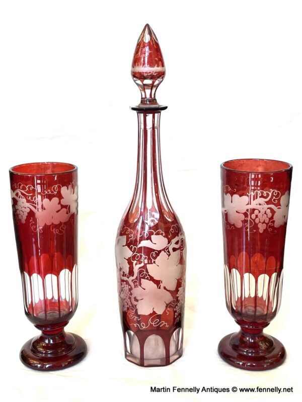 815 Antique Bohemian Chech Ruby Cranberry Glass Decanter Pair Goblets Vases Egermann