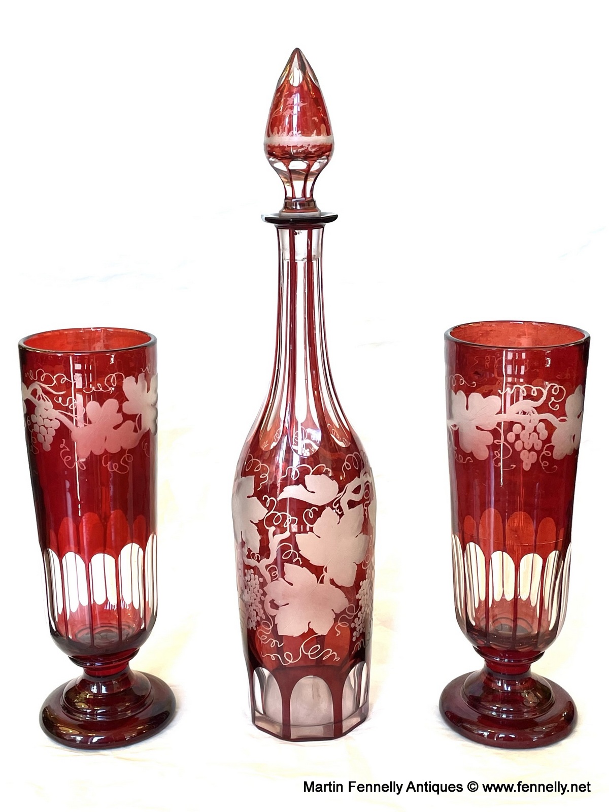 815 Antique Bohemian Chech Ruby Cranberry Glass Decanter Pair Goblets Vases Egermann
