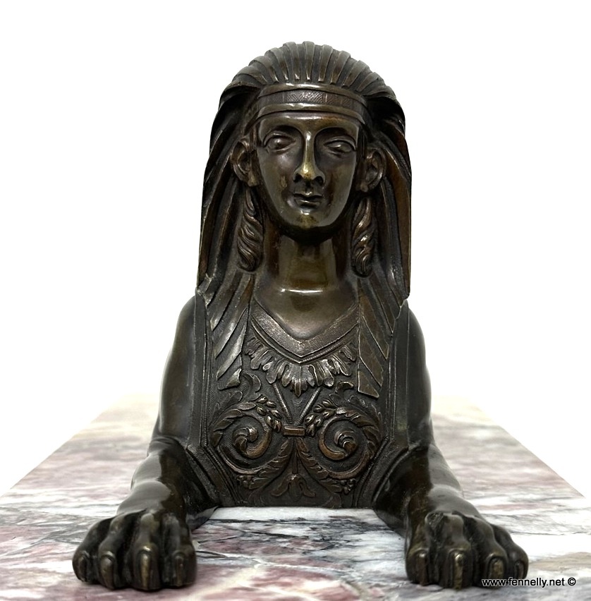 866 Sold Antique Pair Grand Tour Bronze Egyptian Sphinx Figures Breche Violet Marble 19Ct - Image 3