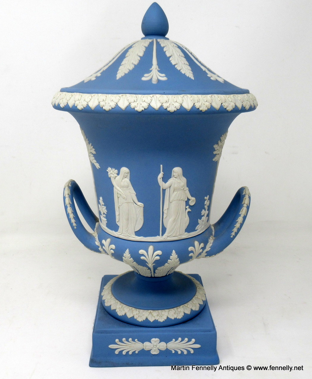 307 Antique Pair of Blue Wedgwood Jasperware Ceramic Urns Vases Mythological Classical Scenes - Image 4