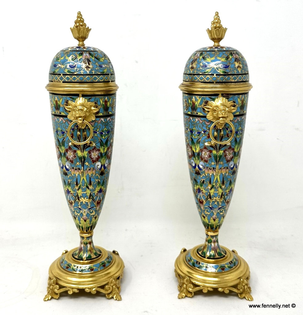 710 Sold Antique Pair French Cloisonne Champlevé Enamelwork Ormolu Gilt Bronze Vases Urns - Image 2