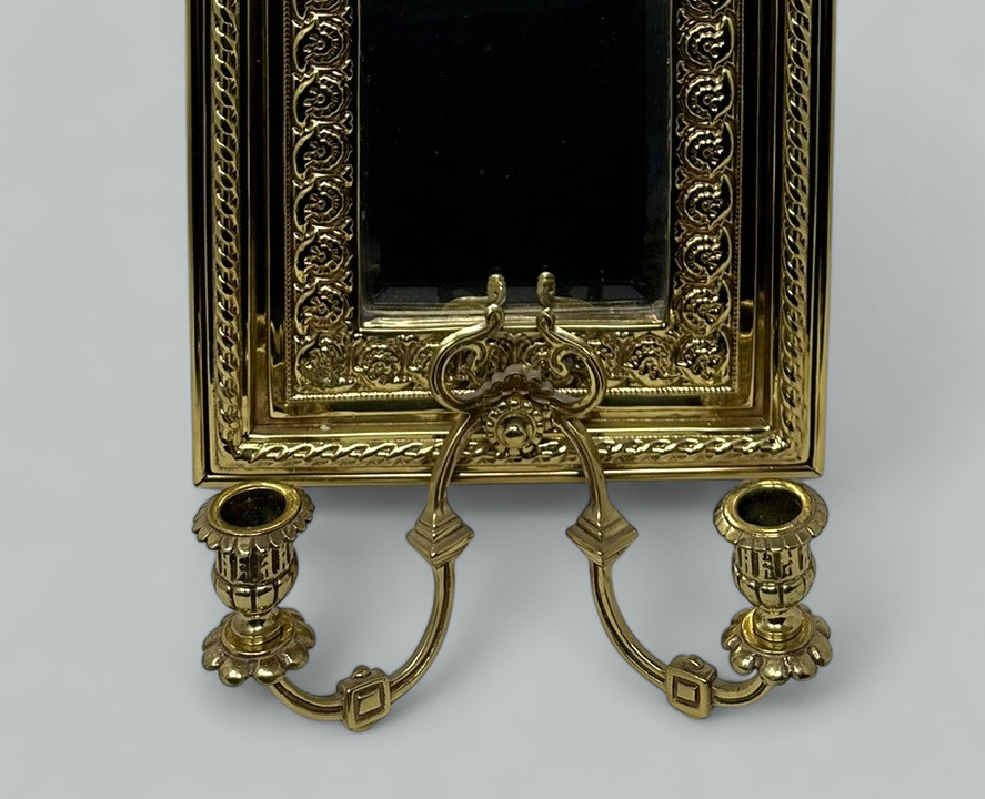 841 Sold Antique Pair French Brass Girandole Wall Applique Sconces Mirrors Candlesticks - Image 3