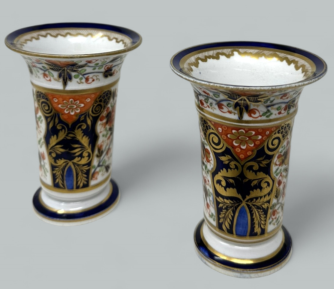 396 Sold Antique Regency English Crown Derby Pair Vases Centerpieces 1815 Imari Pattern