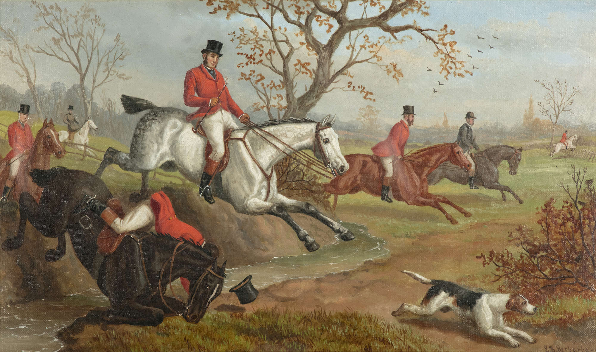 863 Sold EB Herberte 'The Meet Up'; 'The Jump' A pair, Oils on Canvas - Image 2