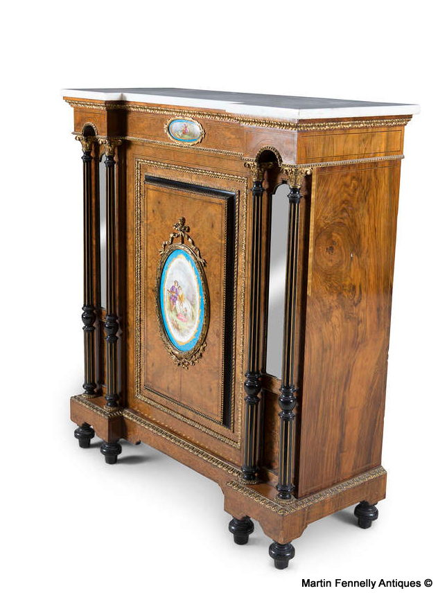 720 Superb French Walnut Side Cabinet with Marble top and Porcelain Plaques - Image 2