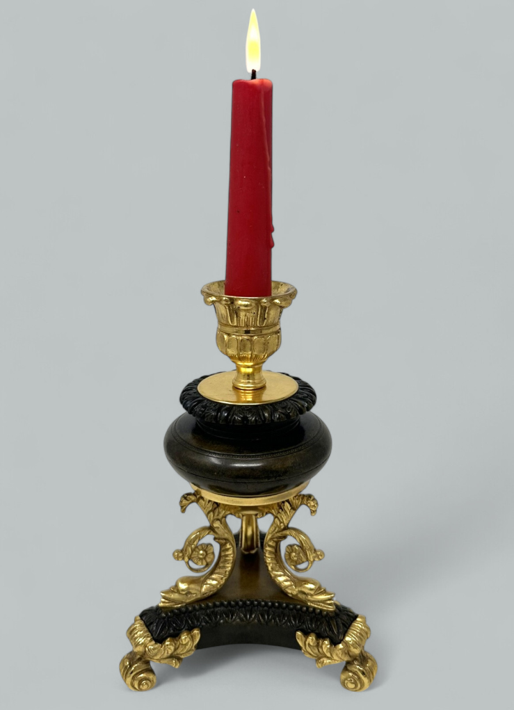 431 Sold Antique Pair French Ormolu Gilt Bronze Dore Empire Candlesticks with Dolphins - Image 2