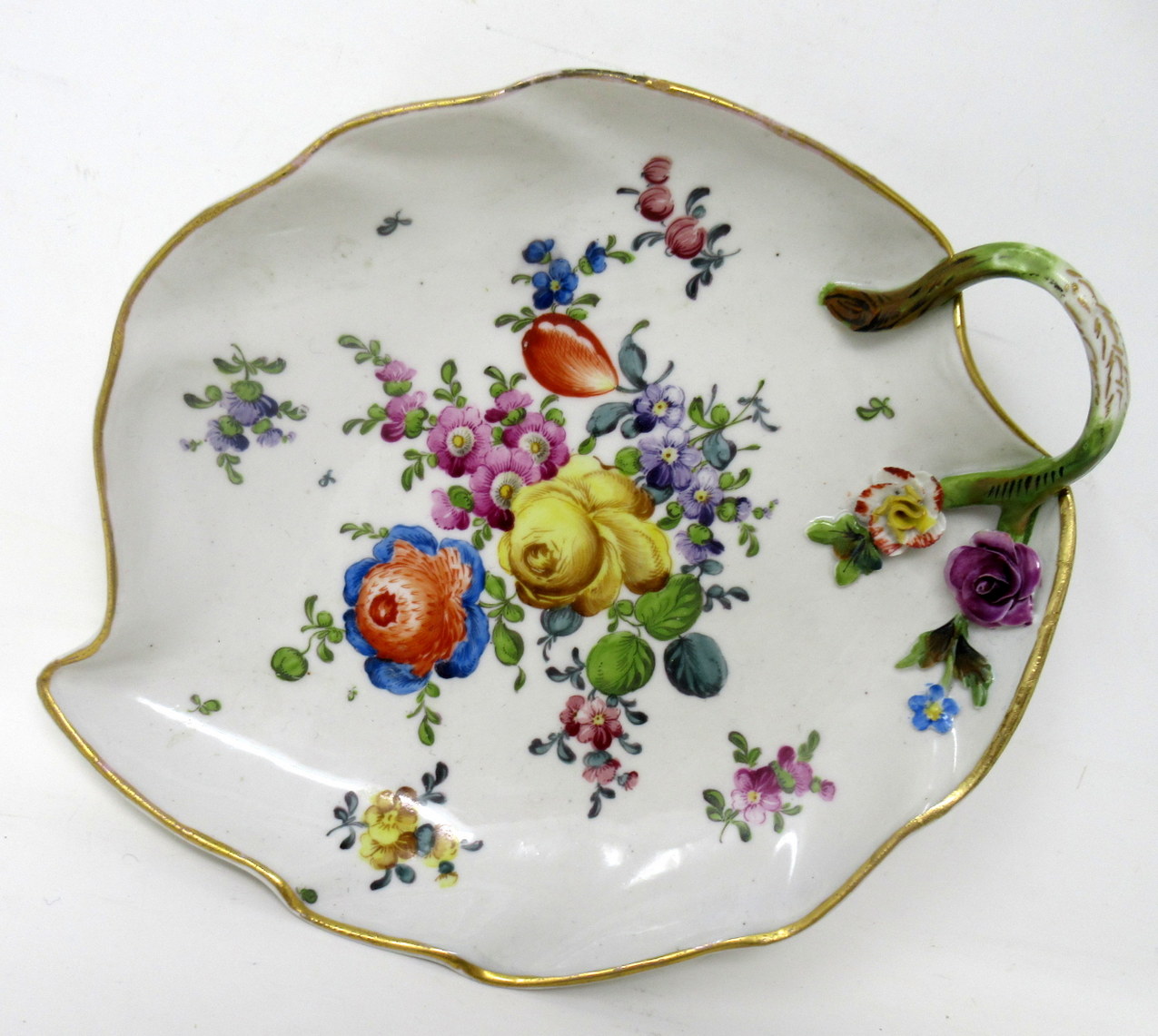 066 Antique Pair German Dresden Meissen Still Life Flowers Cabinet Leaf Form Plates - Image 3