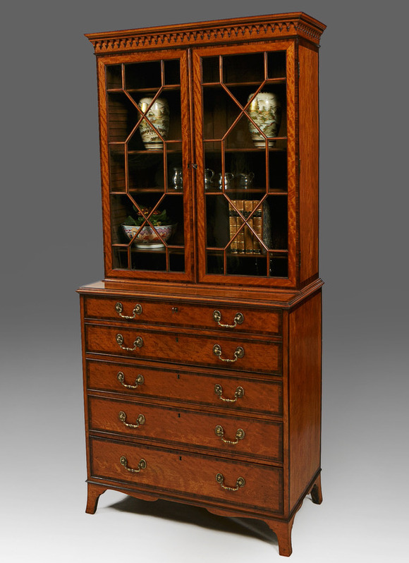 009 Satinwood Mahogany Secretaire Bookcase Chest Drawers Gillows Lancaster Georgian