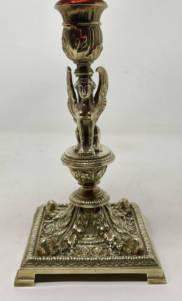 153 Sold Pair Antique Grand Tour French Brass Egyptian Sphinx Oil Lamps Cranberry Glass - Image 4