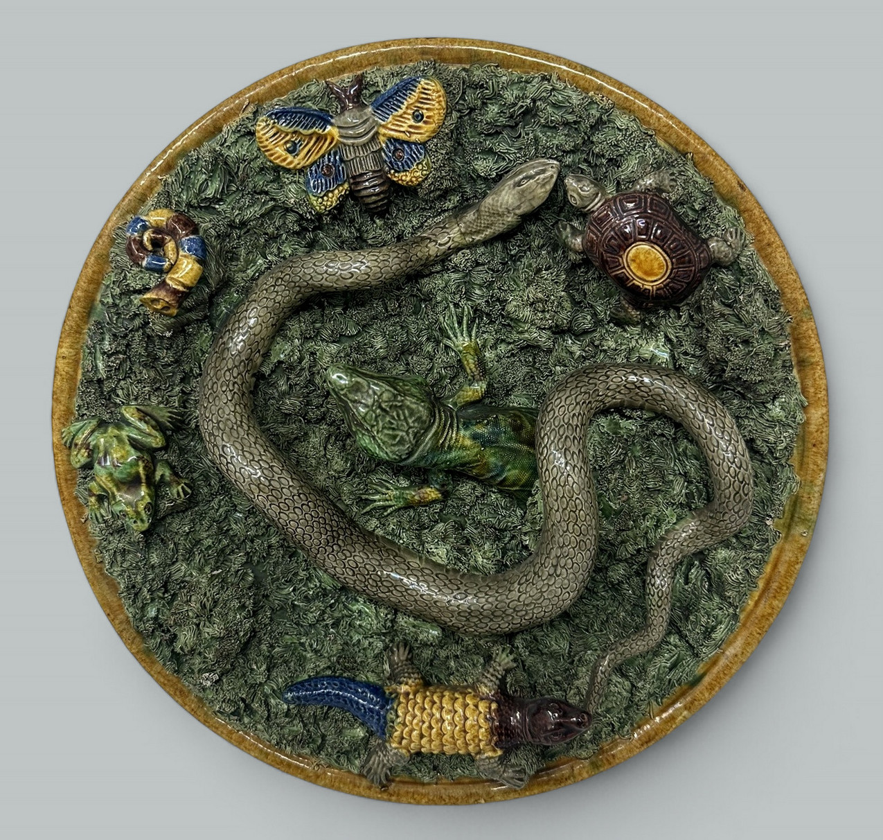 579 Sold Antique Majolica Palissy Portuguese Charger by Jose A Cunha Butterfly Snake 1905