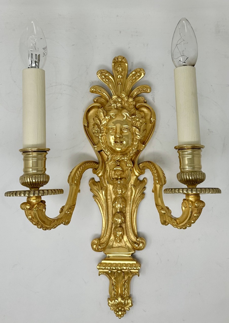 697 Sold Antique Pair Ormolu Gilt Bronze Twin Light Wall Candle Sconces Appliques 19th Ct - Image 2