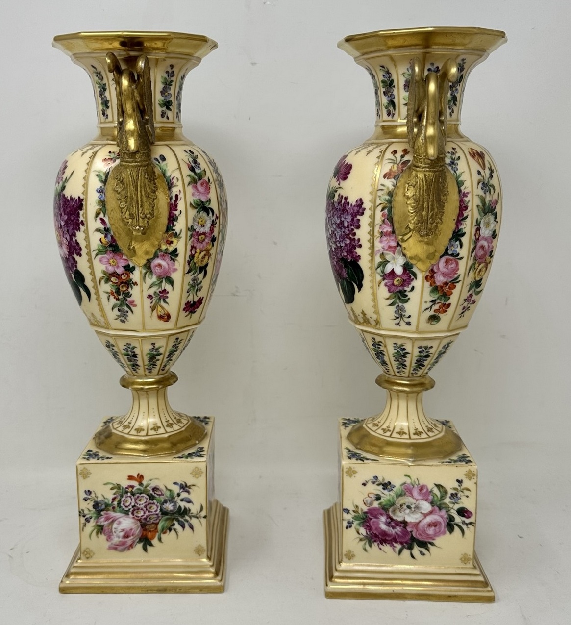 011 Antique Pair French Sèvres Style Porcelain Gilt Mounted Urns Vases Centerpieces - Image 3
