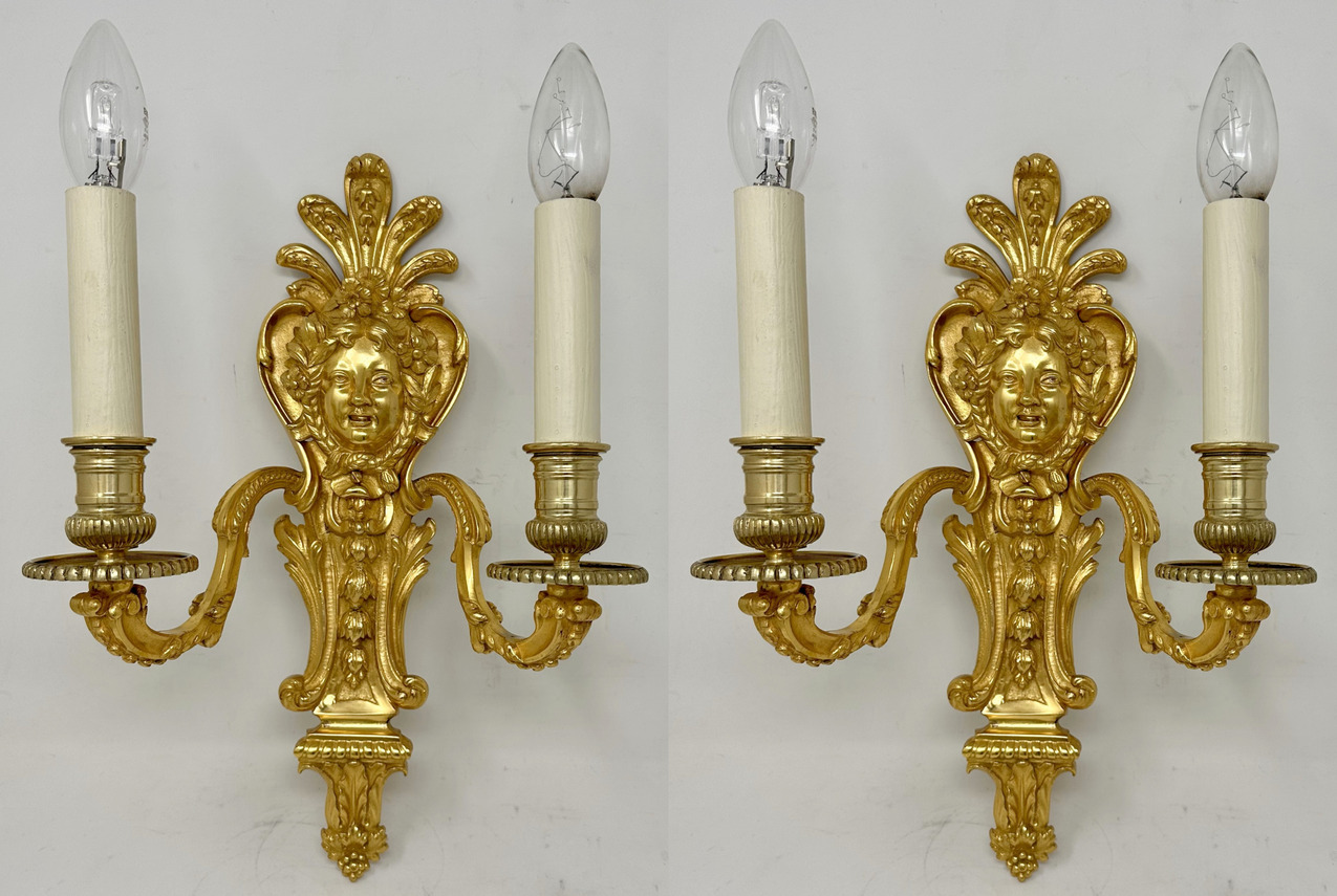 697 Sold Antique Pair Ormolu Gilt Bronze Twin Light Wall Candle Sconces Appliques 19th Ct