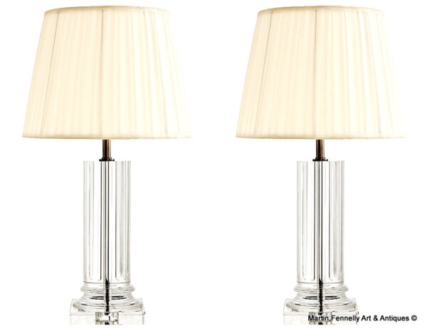 M074 Pair Crystal Column Lamps - With Pleated Shades
