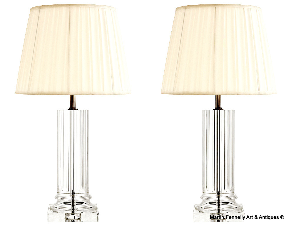 M074 Pair Crystal Column Lamps - With Pleated Shades
