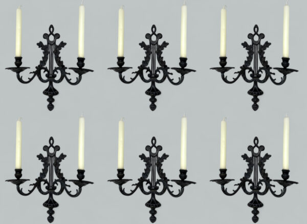 077 Sold Antique Set Six Patinated Bronze French Twin Light Wall Candle Sconces Appliques