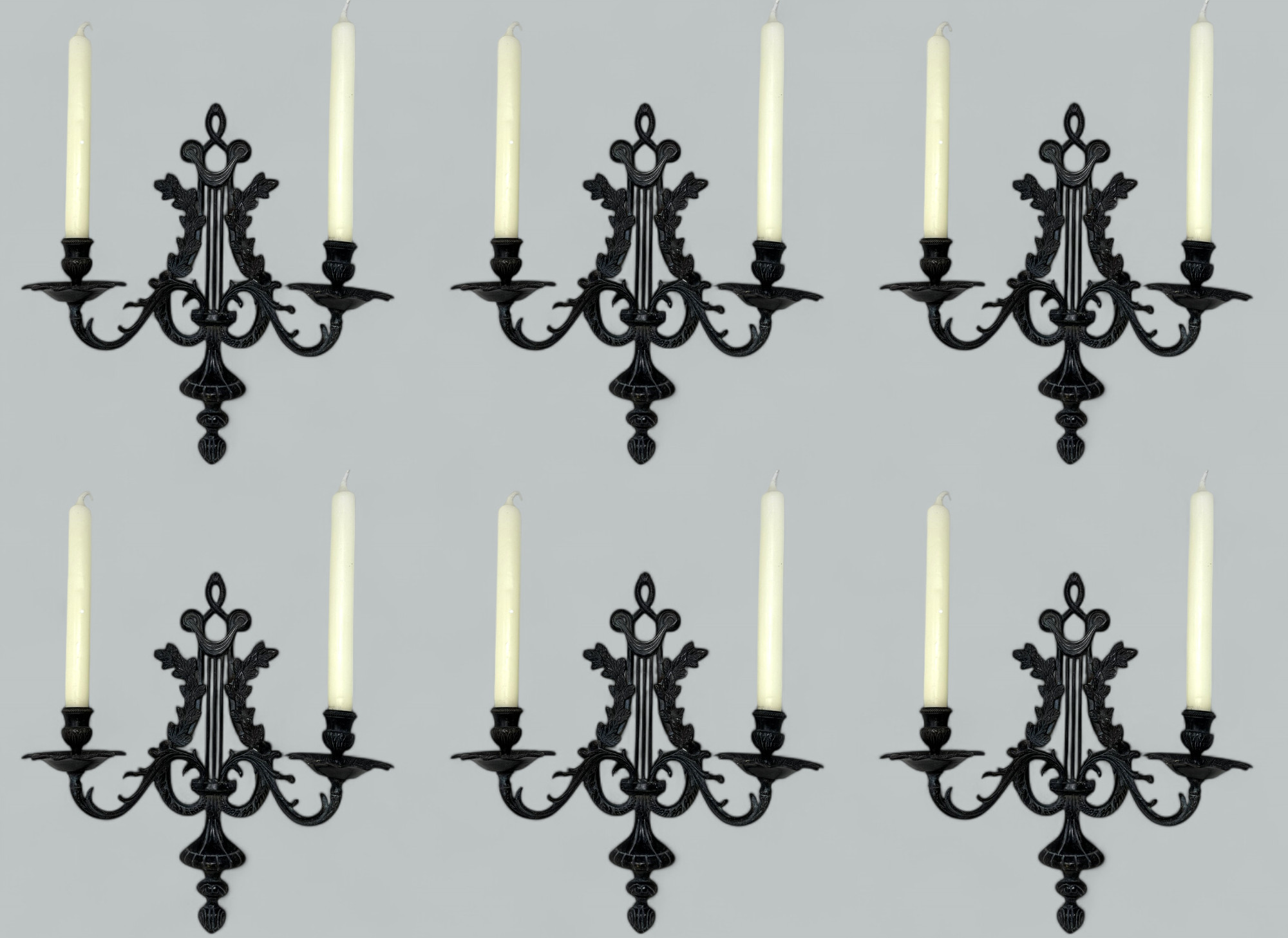 077 Sold Antique Set Six Patinated Bronze French Twin Light Wall Candle Sconces Appliques