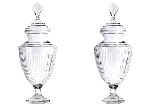 M008 Sold Pair of Large Lidded Urns - Cut Glass - In The Irish Style