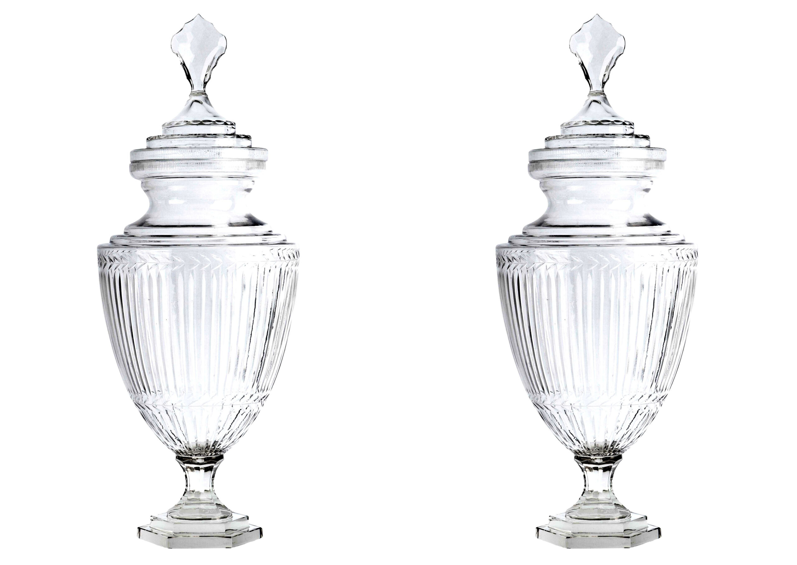 M008 Sold Pair of Large Lidded Urns - Cut Glass - In The Irish Style