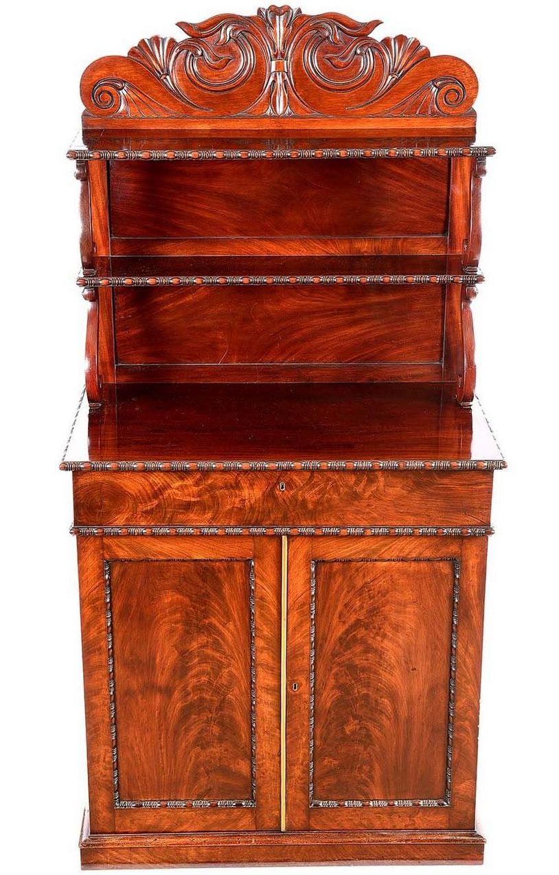 655 Flame Mahogany Twin Door English Carved Chiffonier Sidecabinet Late Regency - Image 4