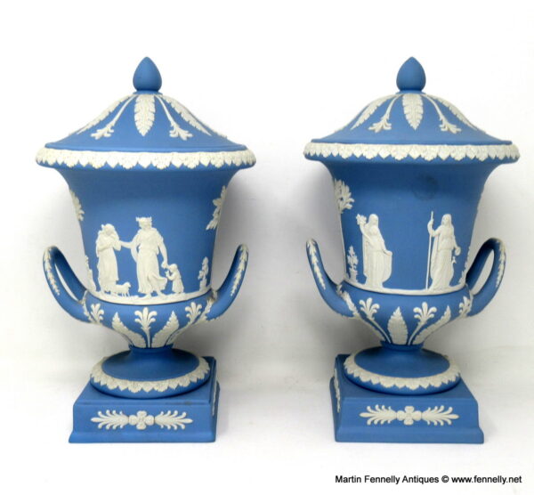 307 Antique Pair of Blue Wedgwood Jasperware Ceramic Urns Vases Mythological Classical Scenes