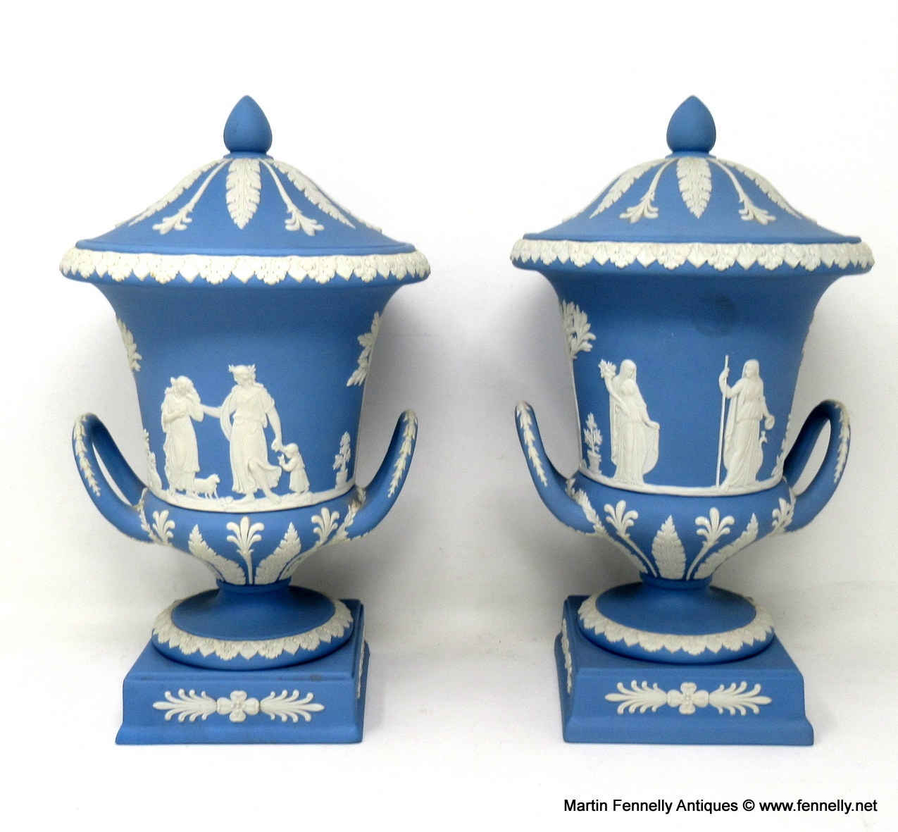 307 Antique Pair of Blue Wedgwood Jasperware Ceramic Urns Vases Mythological Classical Scenes