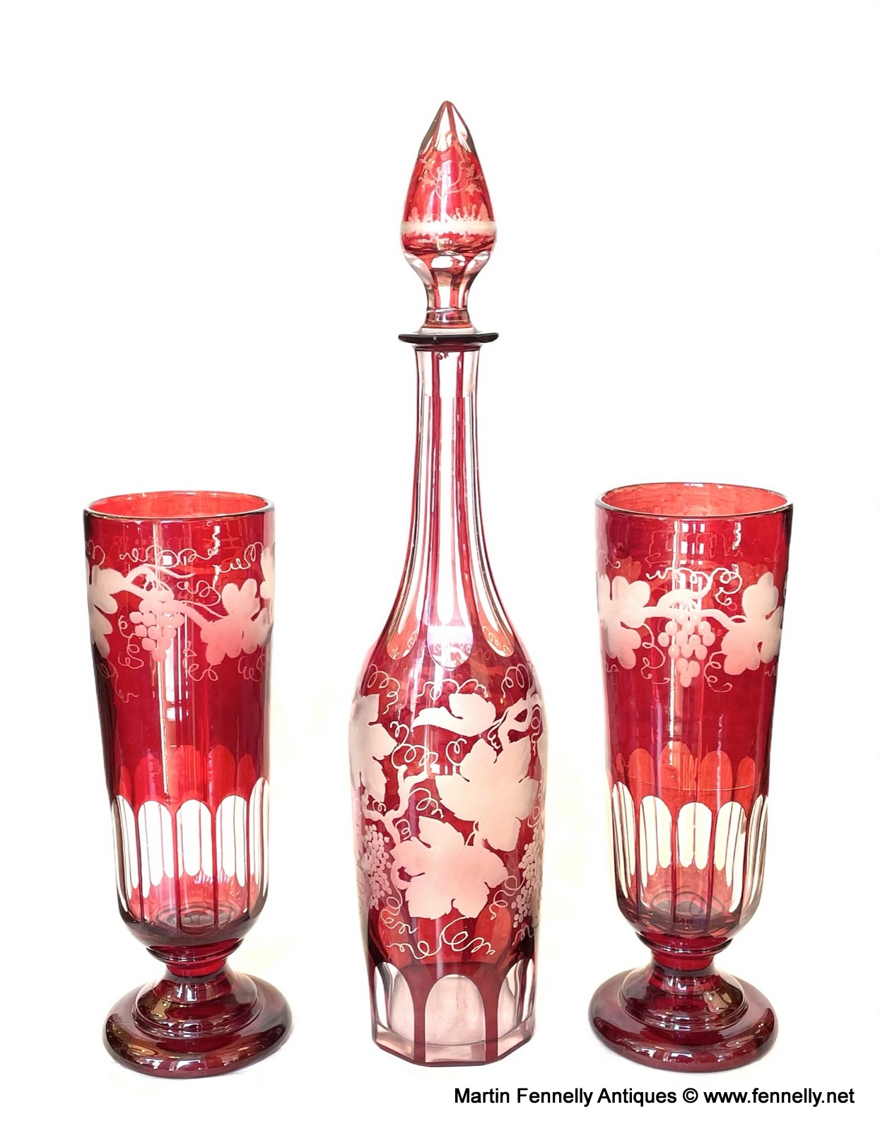 815 Antique Bohemian Chech Ruby Cranberry Glass Decanter Pair Goblets Vases Egermann - Image 2
