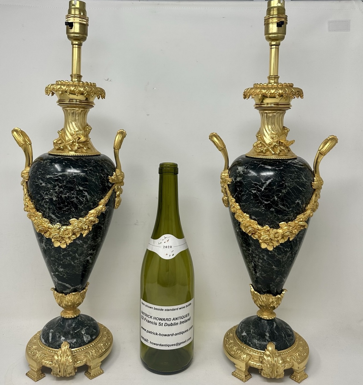528 Sold Antique Pair French Green Verde Marble Ormolu Dore Bronze Electric Table Lamps - Image 7