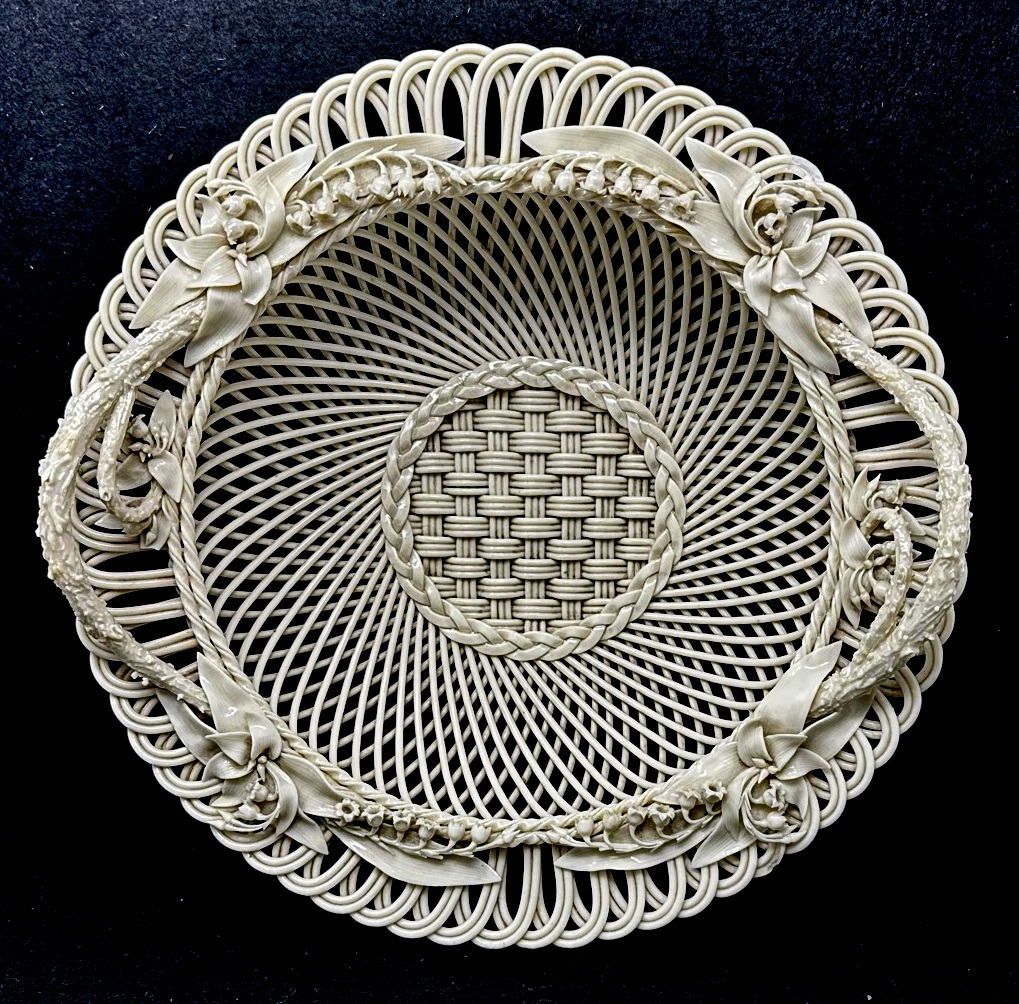 566 Sold Antique Irish Belleek Porcelain Three Strand Basket Centerpiece 1865-1889 Ireland