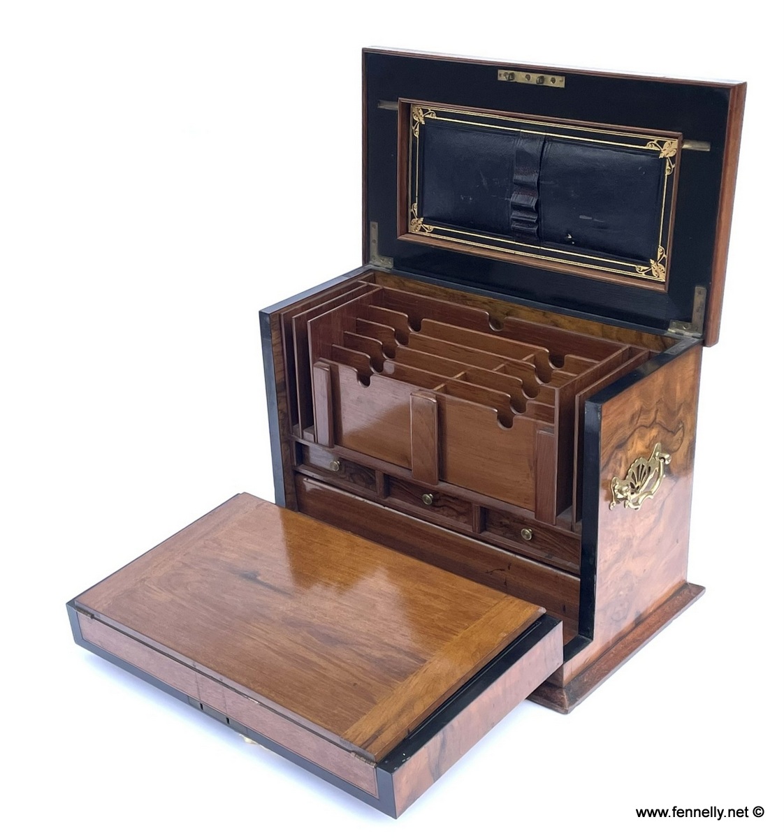 755 Sold Antique Victorian Traveling Wooden Burl Walnut Writing Slope Stationary Box 19c