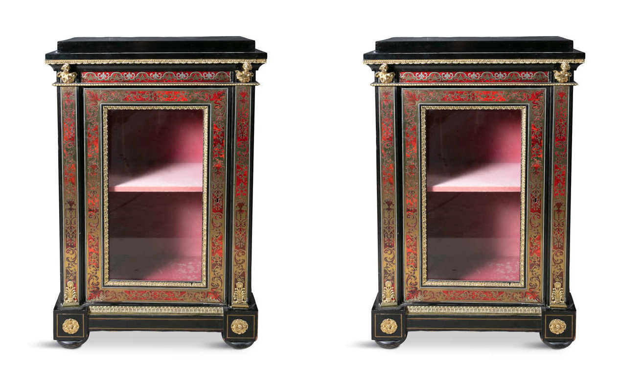 316 Antique Pair French Boulle Marquetry Pier Cabinets 19 Ct