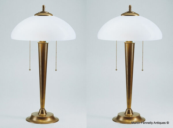 M085 Pair Art Deco Style - Column Lamps - Brass and Opal White Shades - Superb Design