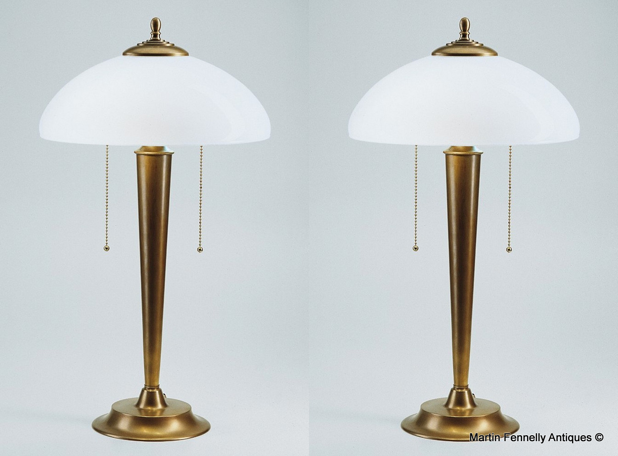 M085 Pair Art Deco Style - Column Lamps - Brass and Opal White Shades - Superb Design
