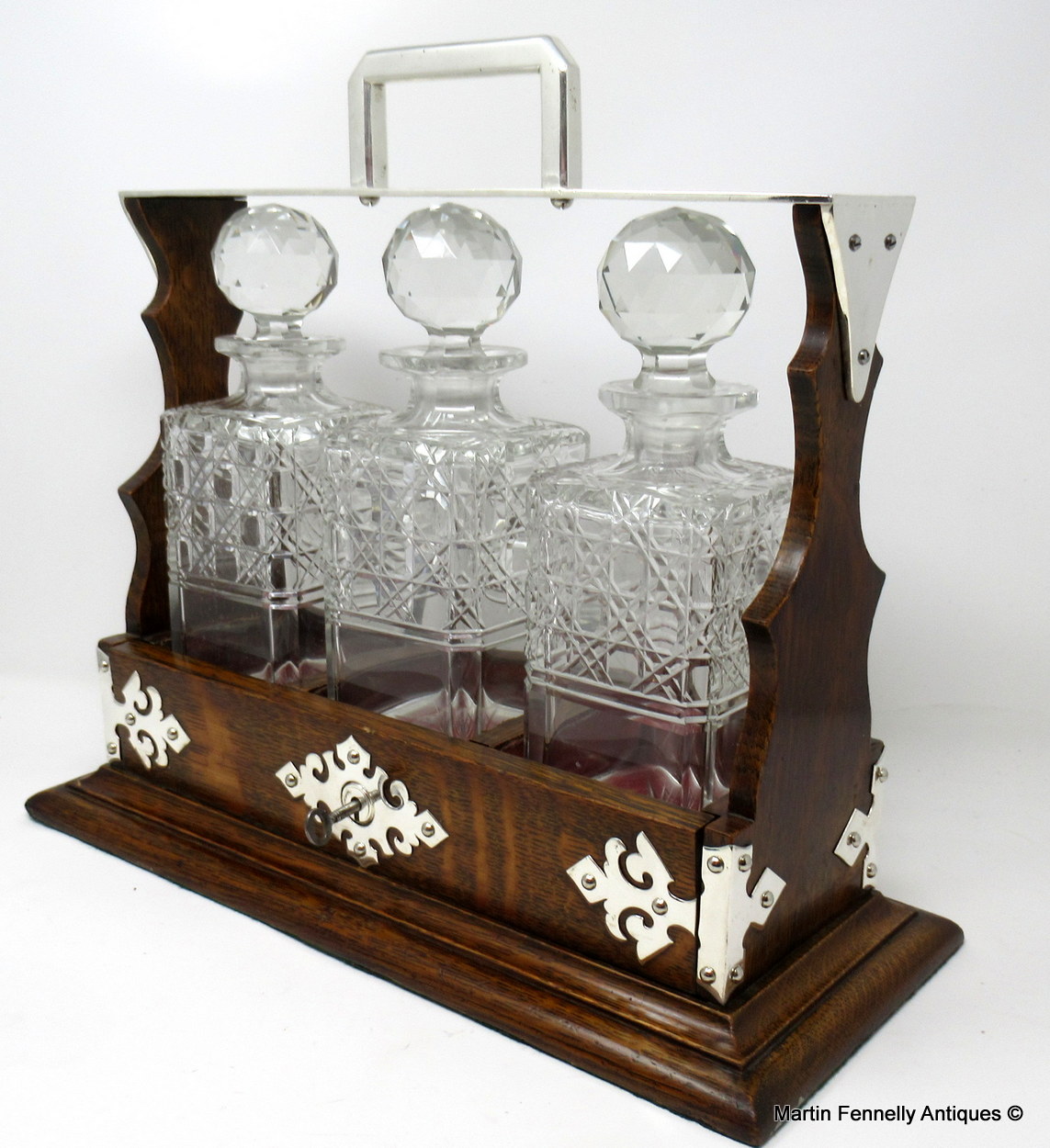 046 Sold Superb Early Victorian Hand Cut Crystal Oak Framed Tantalus 19thCt