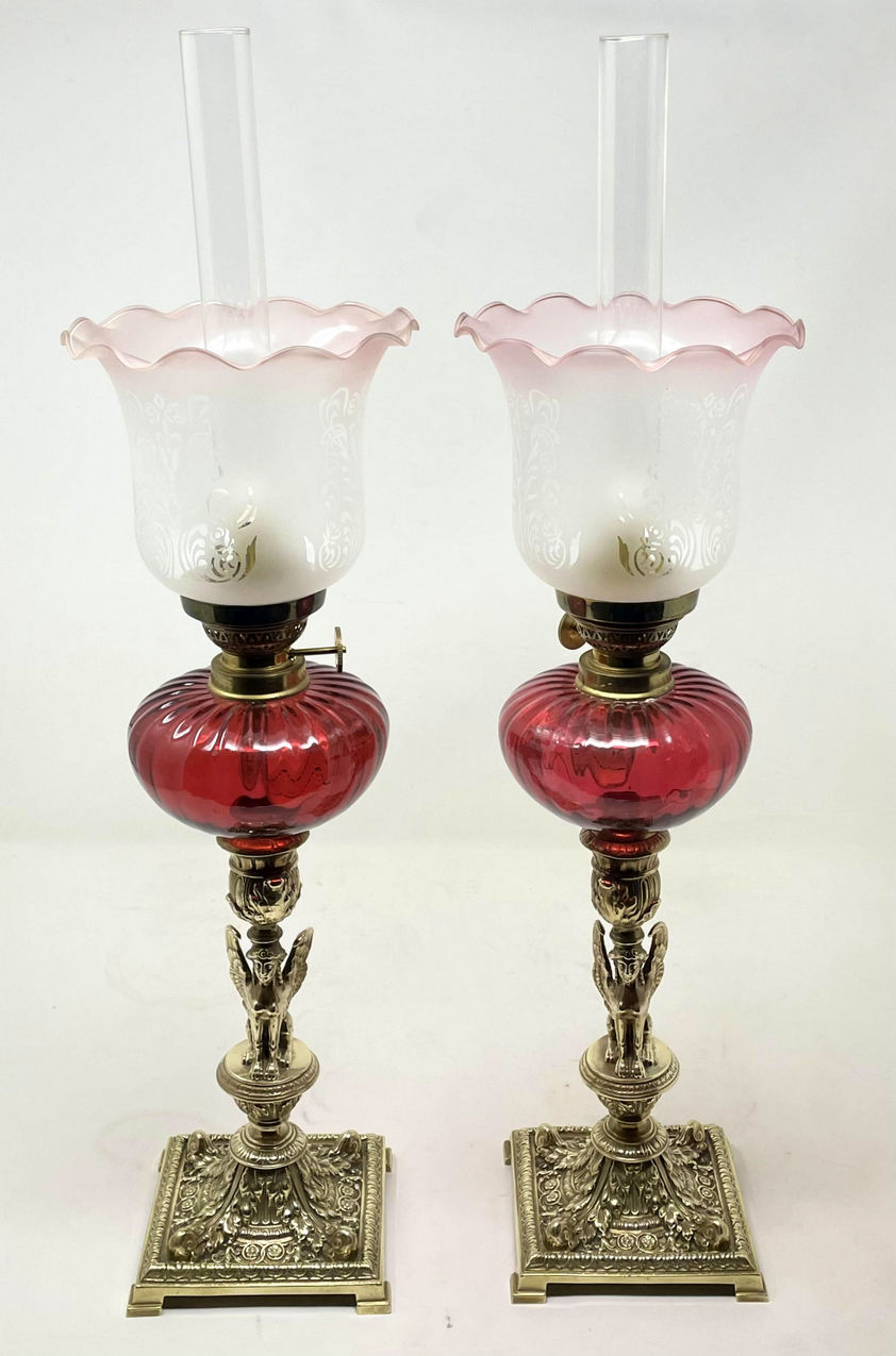 153 Sold Pair Antique Grand Tour French Brass Egyptian Sphinx Oil Lamps Cranberry Glass - Image 2