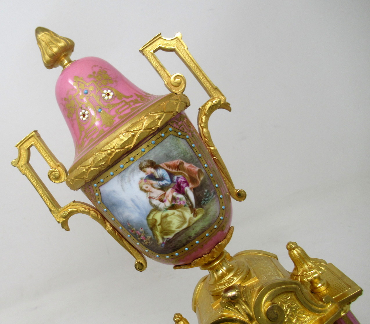 195 Sold Antique Pair of Sèvres Porcelain Watteau Scene Gilt Bronze Landscape Urns Vases - Image 8