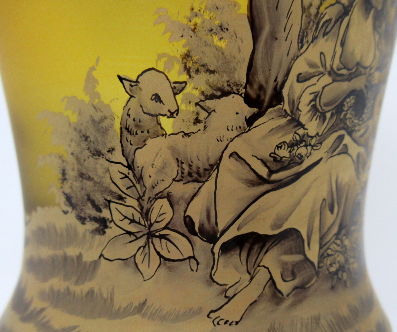 667 Sold Antique Vintage Bohemian Amber Engraved Glass Goblet Urn Vase Landscape Scene - Image 6