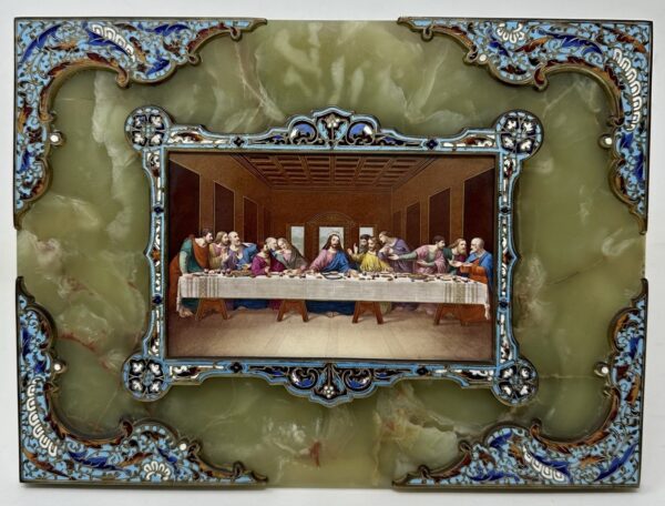 877 Antique Religious Grand Tour Plaque Last Supper Painting Alabaster Champleve