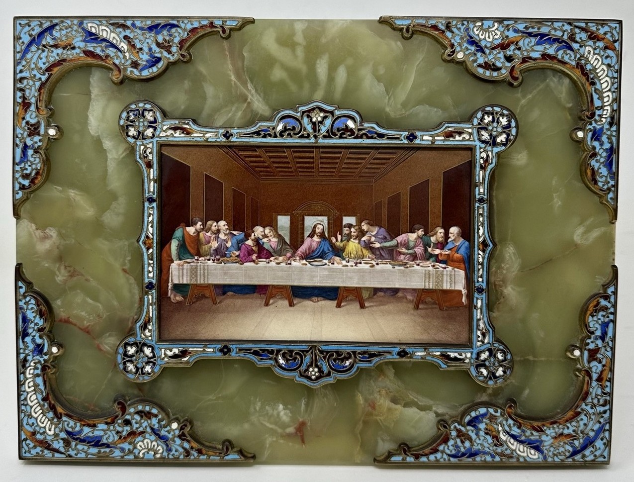 877 Antique Religious Grand Tour Plaque Last Supper Painting Alabaster Champleve