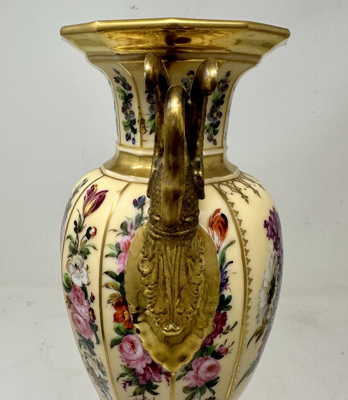 011 Antique Pair French Sèvres Style Porcelain Gilt Mounted Urns Vases Centerpieces - Image 8