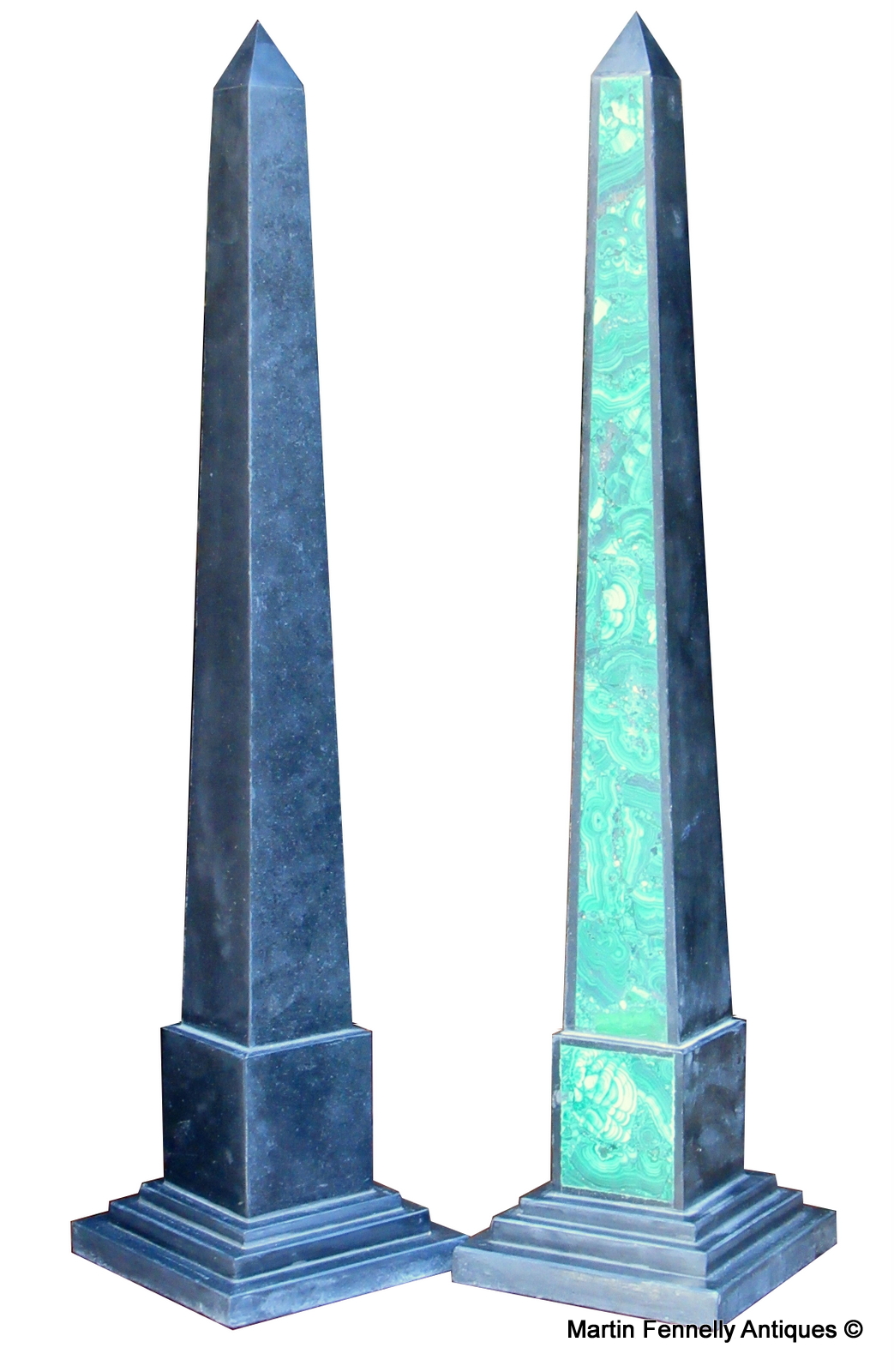 963 Pair of Black Marble and Malachite inlaid Obelisks - Image 3